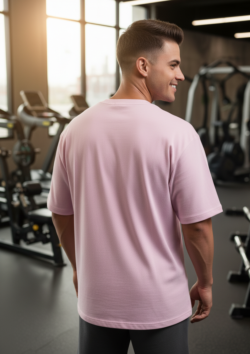 Man wearing a light baby pink t-shirt in a gym setting