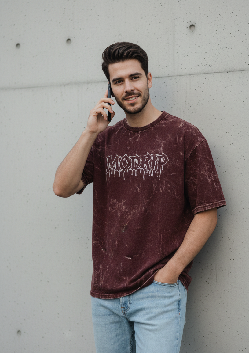 MODRIP's Maroon Acid Washed unisex Oversized Tee