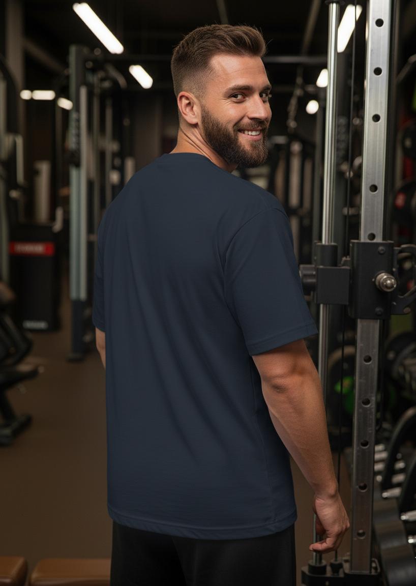 Man in a gym wearing a navy blue t-shirt