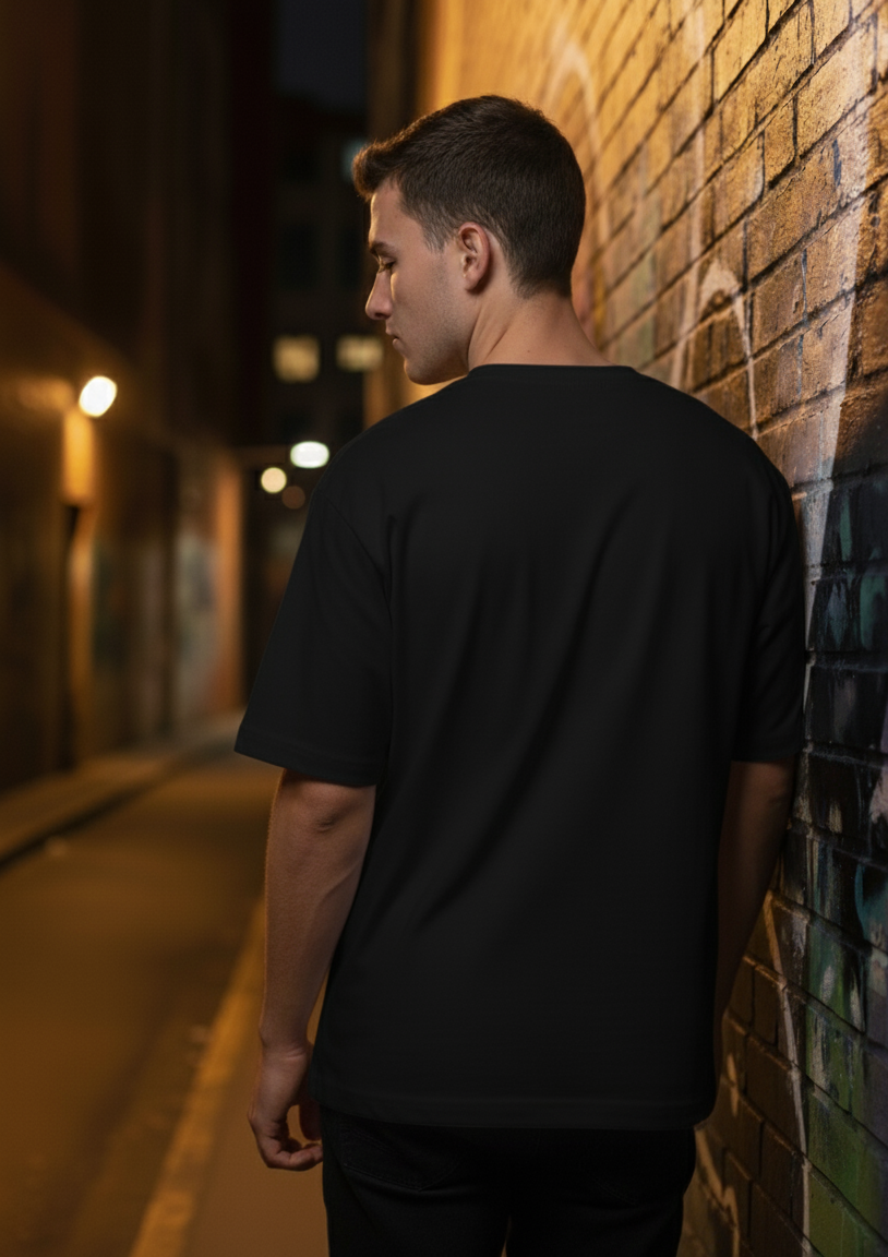 Man wearing a black t-shirt leaning against a brick wall at night.