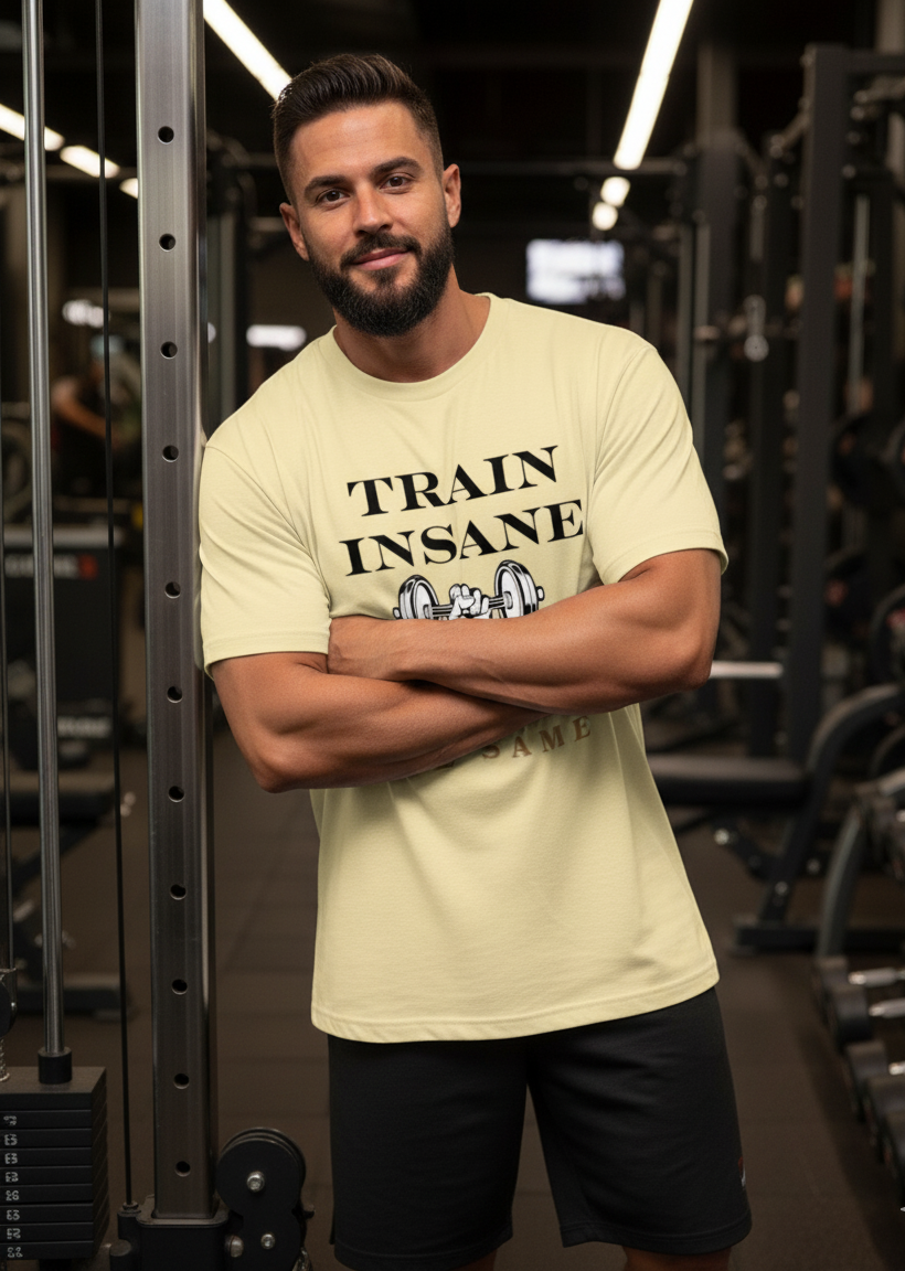 Man wearing a 'Train Insane' beige t-shirt in a gym setting