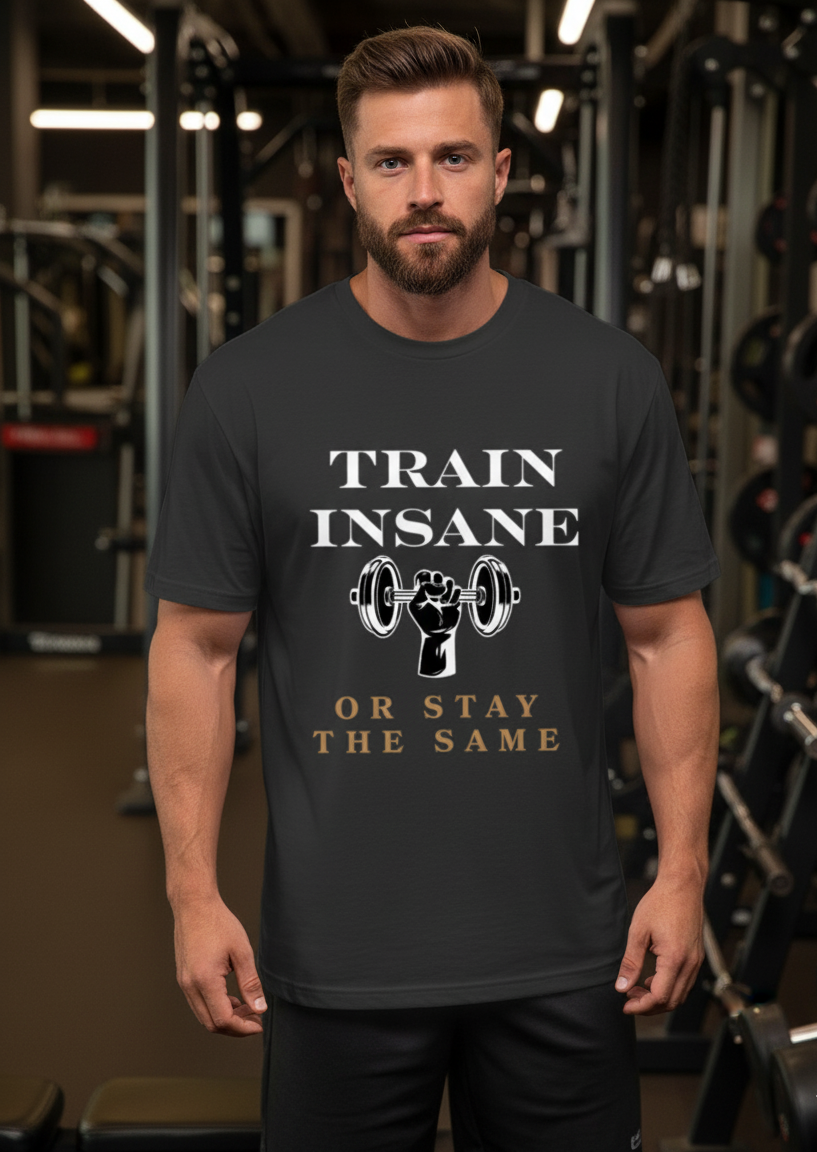 Man wearing a black t-shirt with 'Train Insane or Stay the Same' text in a gym setting
