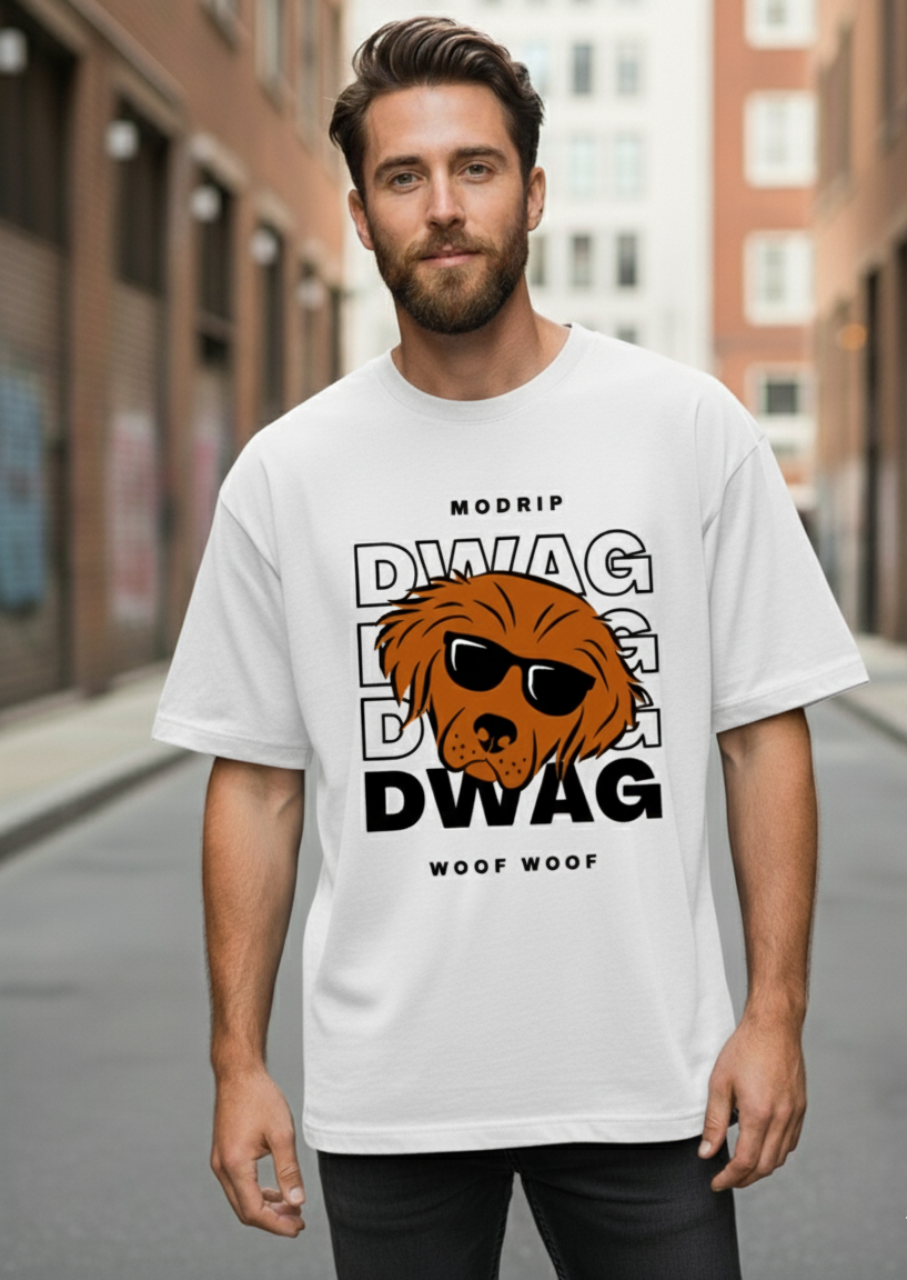 Man wearing a white t-shirt with a graphic design on a city street