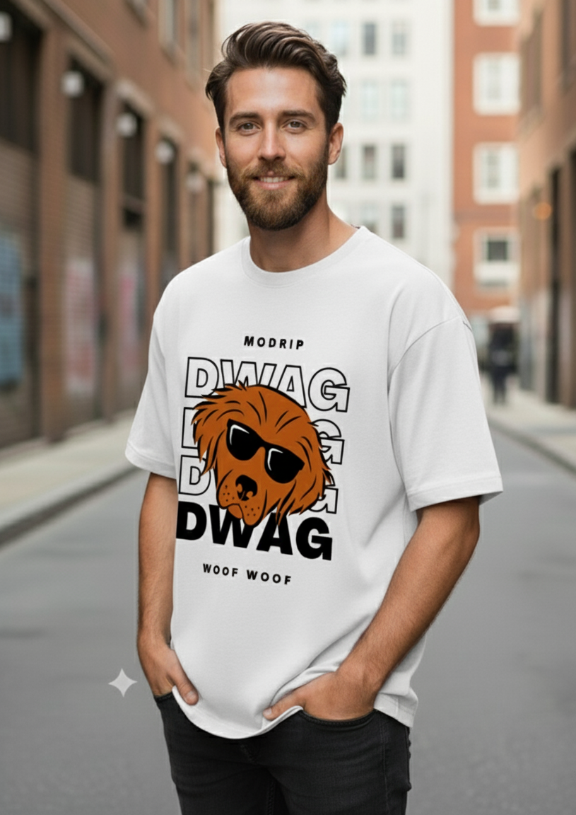 Man wearing a white t-shirt with a graphic design of a dog and text on a city street.