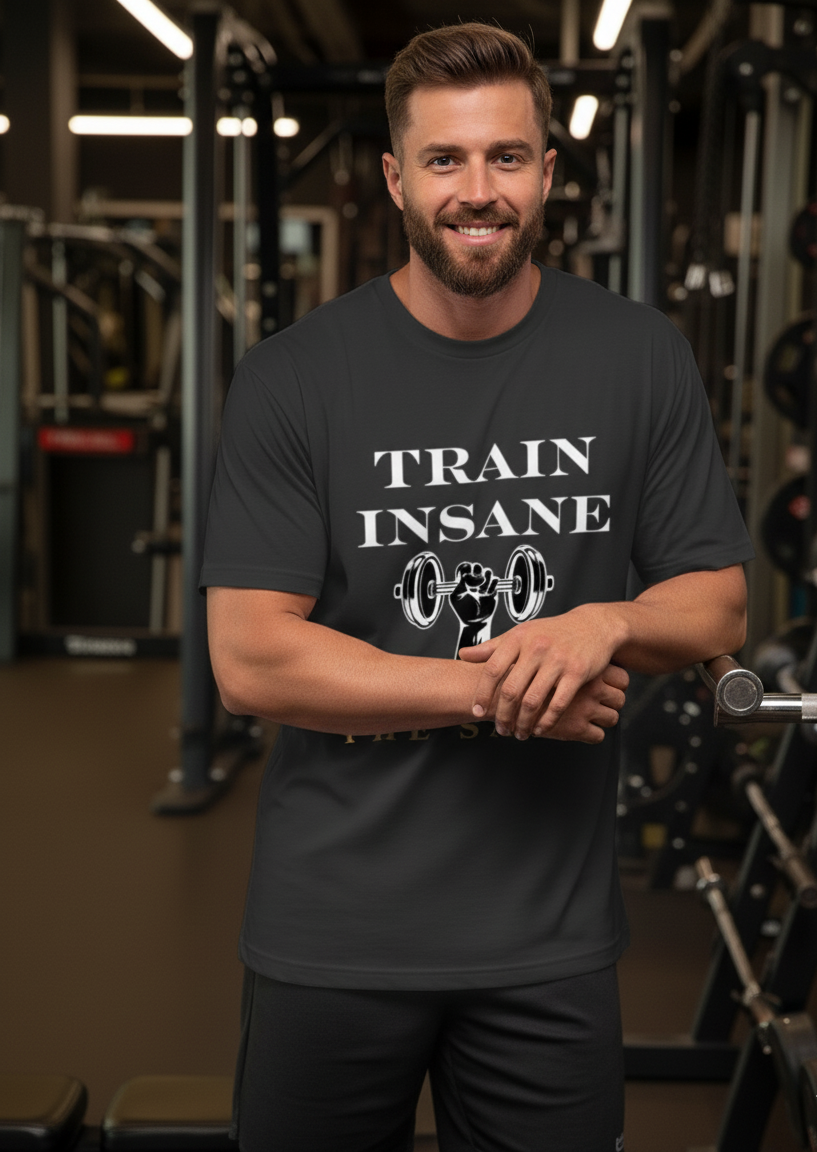 Man wearing a black t-shirt with 'TRAIN INSANE' text in a gym setting