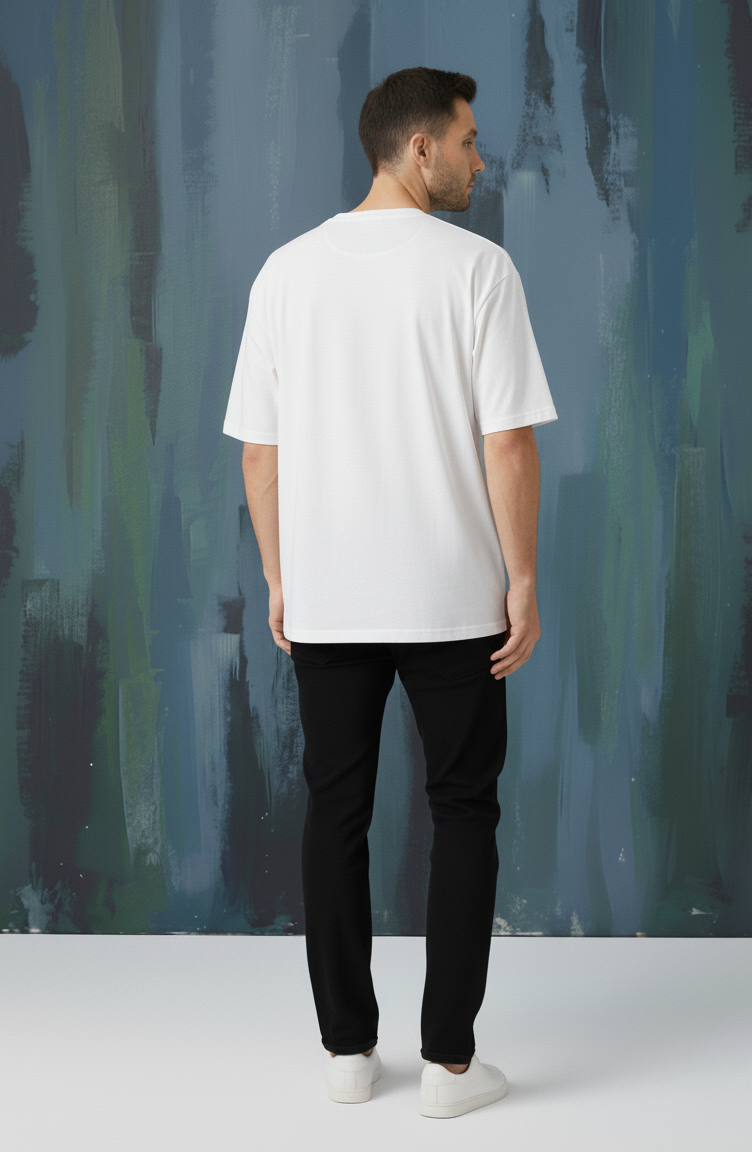 Man wearing a white t-shirt standing against an abstract wall. 