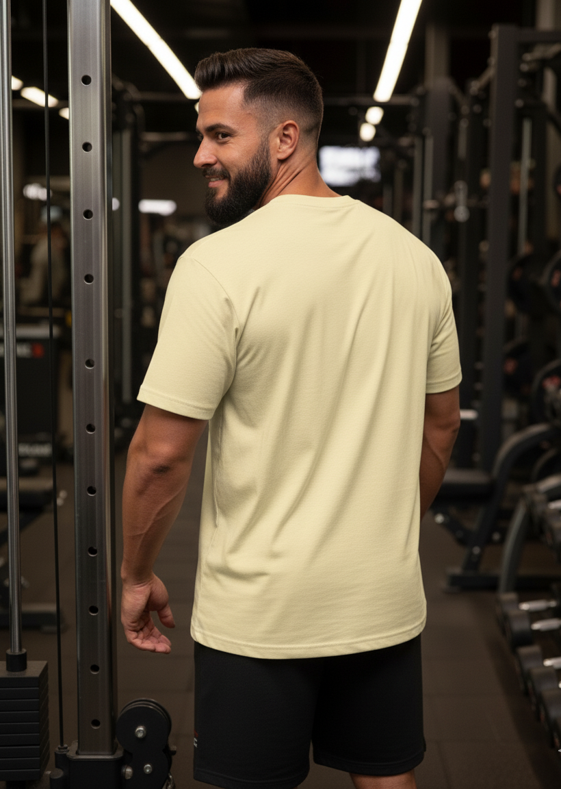 Man wearing a beige t-shirt and shorts in a gym setting