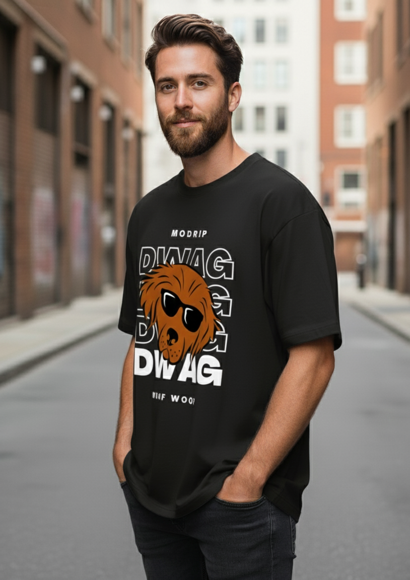 Man wearing a black t-shirt with graphic design on a city street
