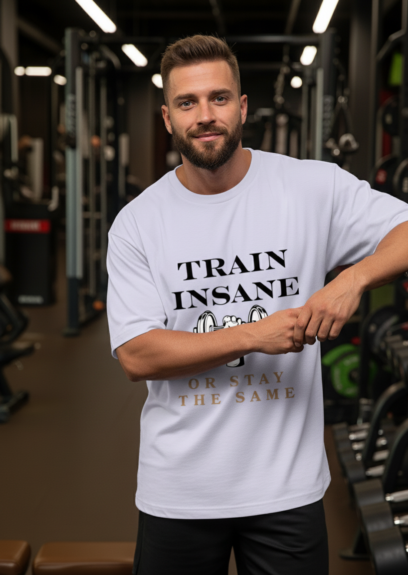 Man wearing a lavender t-shirt with motivational text in a gym setting