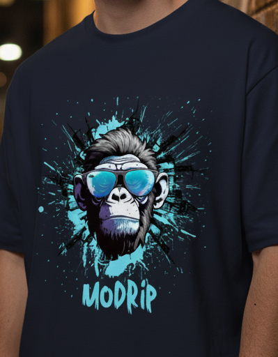 Navy blue t-shirt with a graphic of a monkey wearing sunglasses and the word 'MODRIP' on a dark background.