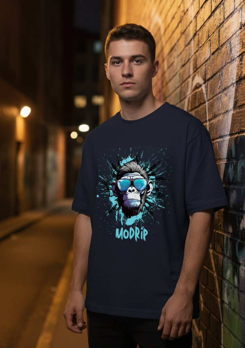 Man wearing a navy blue t-shirt with a graphic design of a monkey wearing sunglasses and the word 'MODRIP' on a brick wall background.