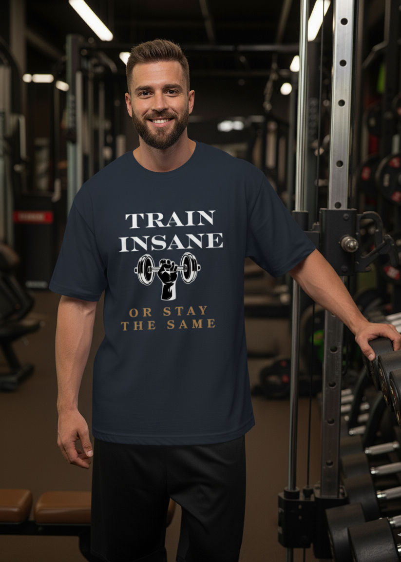 Man wearing a navy blue t-shirt with fitness-themed text in a gym setting