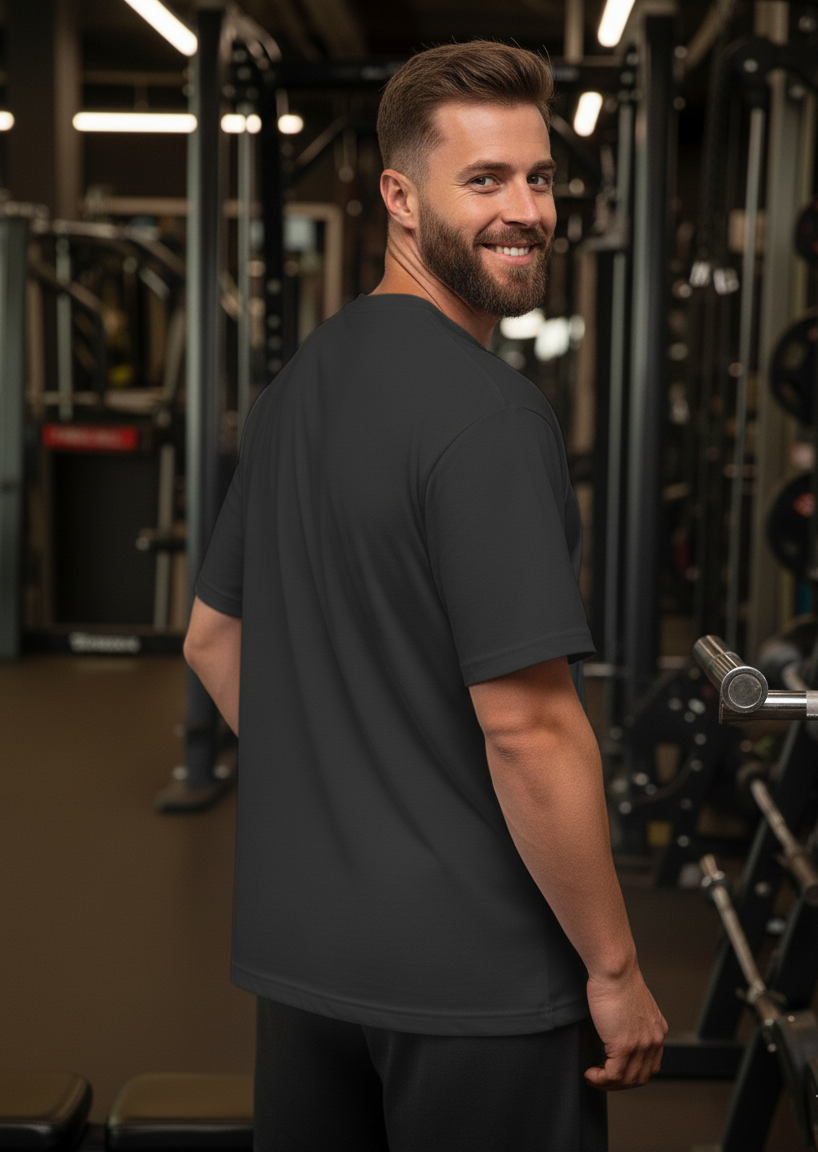 Man in a black t-shirt standing in a gym