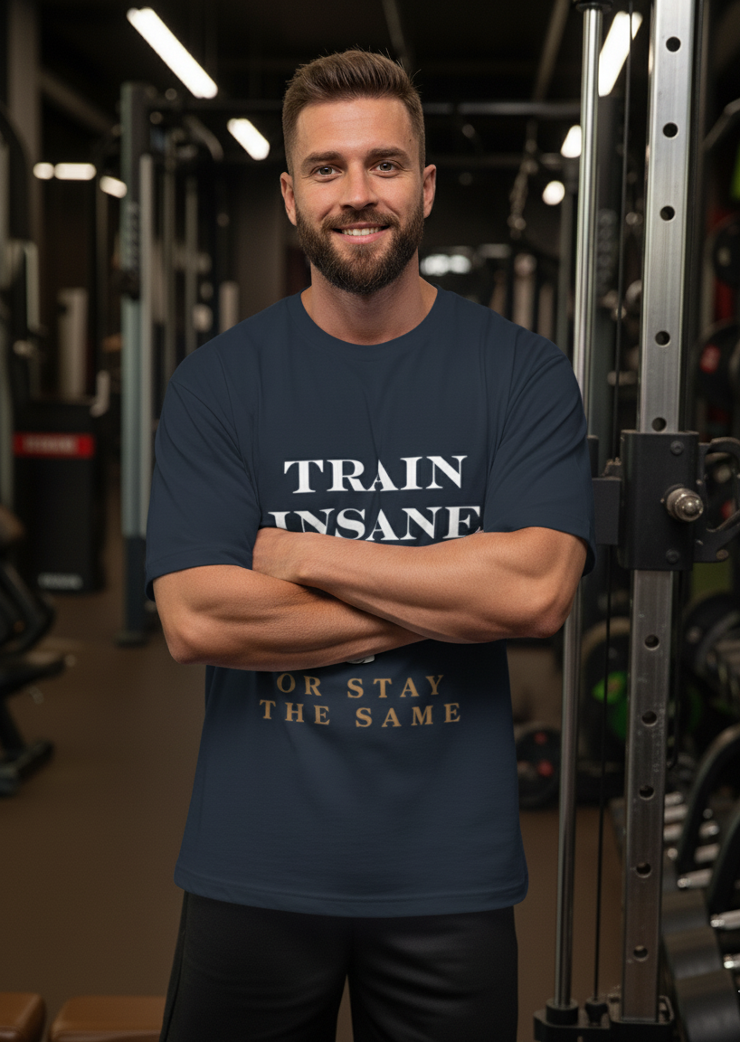 Man wearing a navy blue t-shirt with motivational text in a gym setting