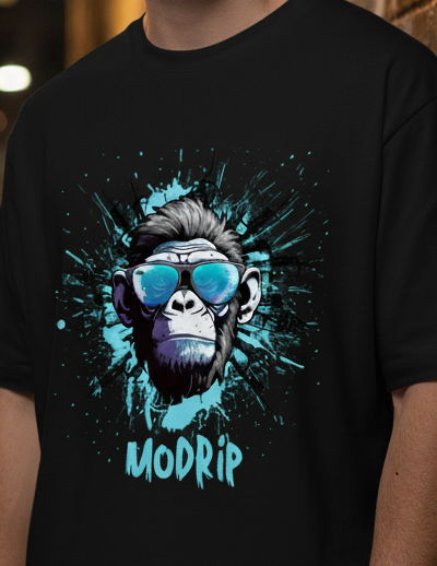 Black t-shirt with a graphic of a monkey wearing sunglasses and the word 'MODRIP' on a dark background.