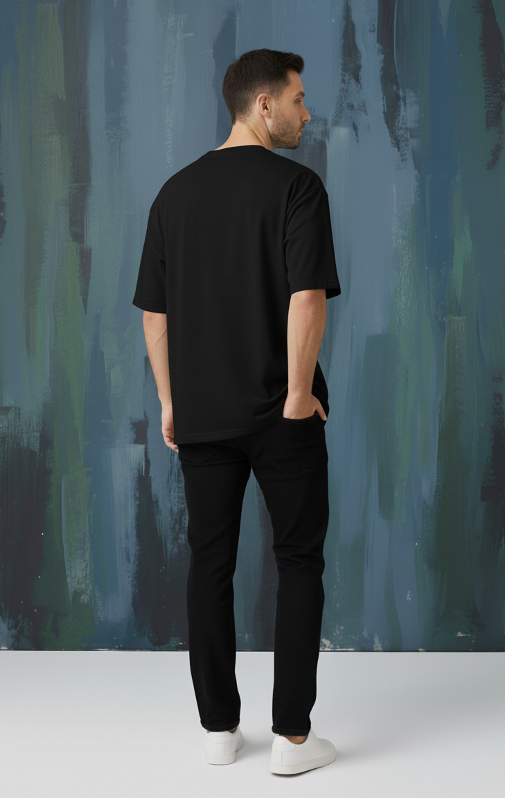 Man wearing a black t-shirt and pants standing against an abstract wall.