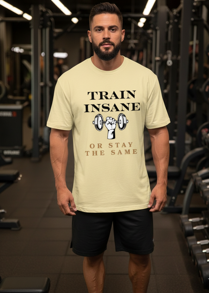 Man wearing a beige t-shirt with a motivational quote in a gym setting