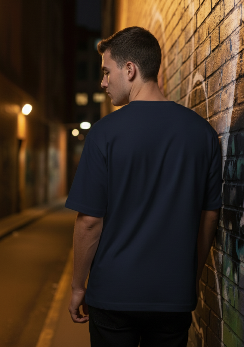 Man wearing a navy blue t-shirt leaning against a brick wall at night.