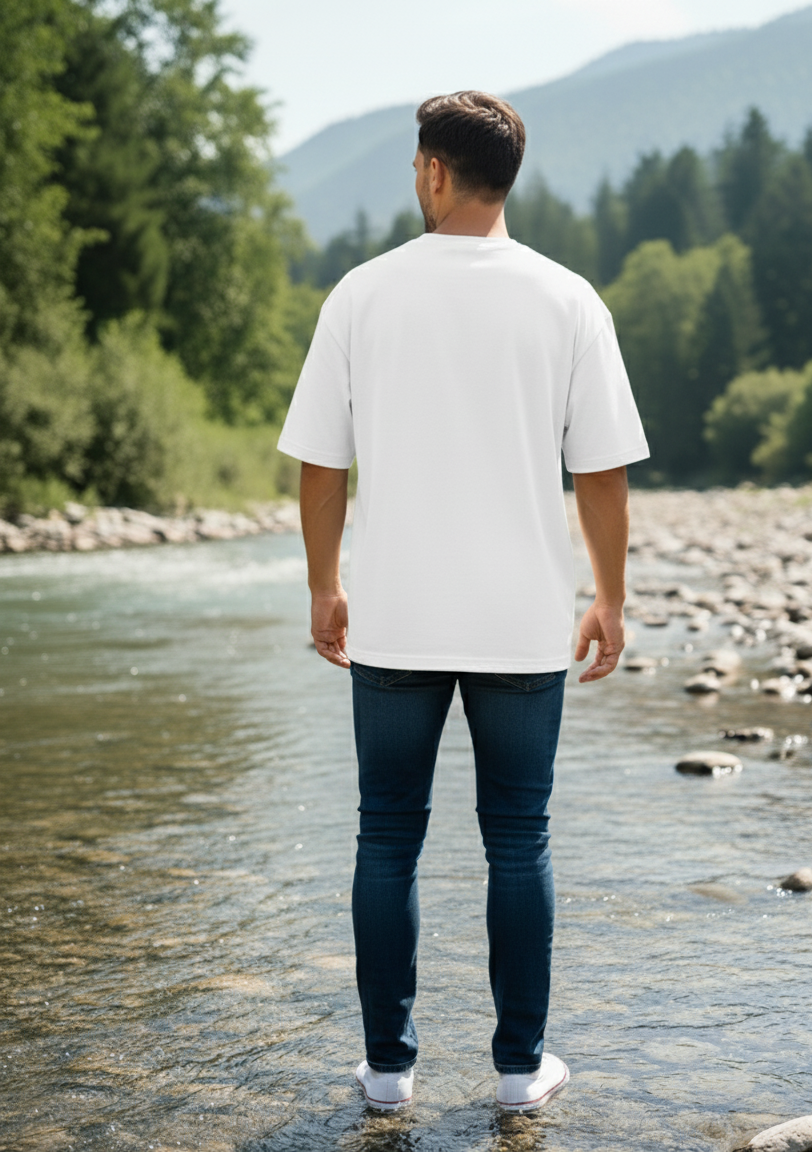 Man wearing a white t-shirt walking along a river with mountains and trees in the background