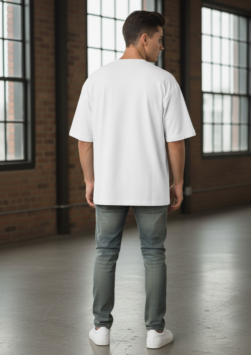 Man wearing a white oversized t-shirt  in an industrial-style room.