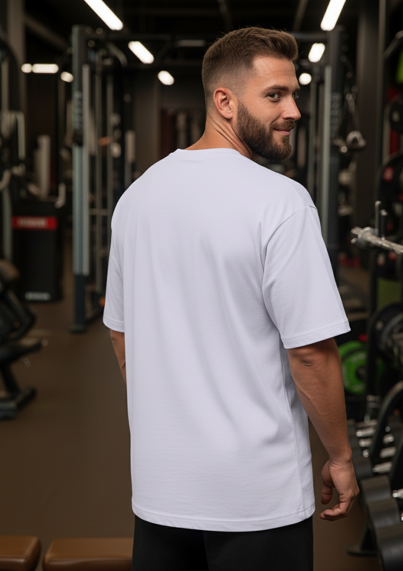 Man wearing a lavender t-shirt in a gym setting